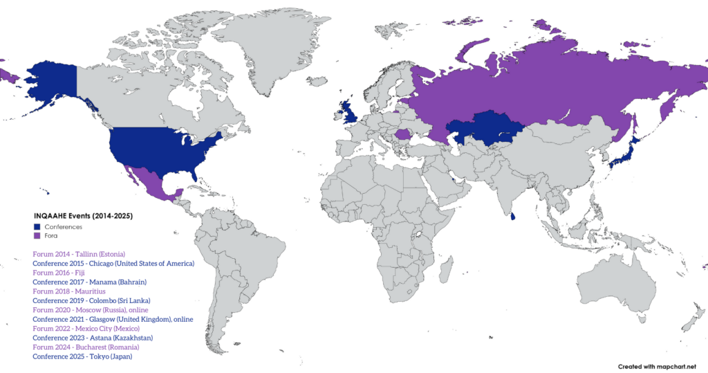 map of INQAAHE annual events from 2014 until 2025